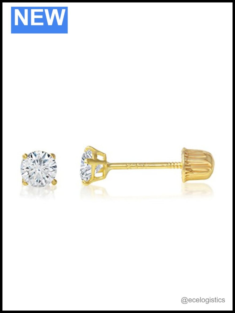 14K Solid Gold Round CZ Screw Back Stud Earrings 2mm Solitaire